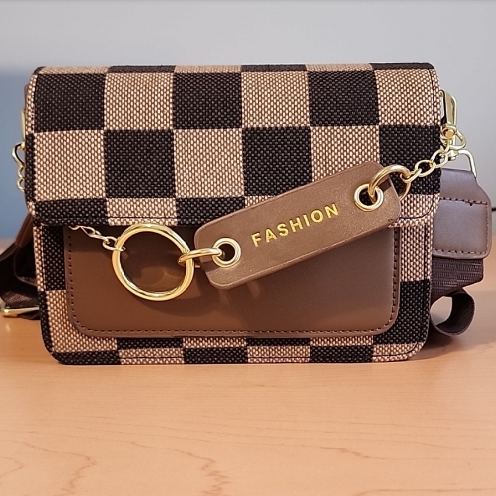 Women Fashion Flap BuckleDesignPlaid Pattern PU Crossbody Bag